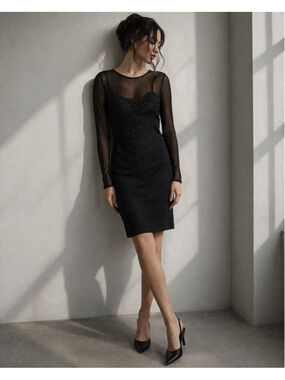 Vintage Tadashi Black Beaded Mesh Illusion Dress Sheer Sleeve 90s Minimal